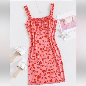 SHEIN | ♥️Pink Red Hearts Ruffled Spaghetti Strap Valentines’s Day Sheath Dress